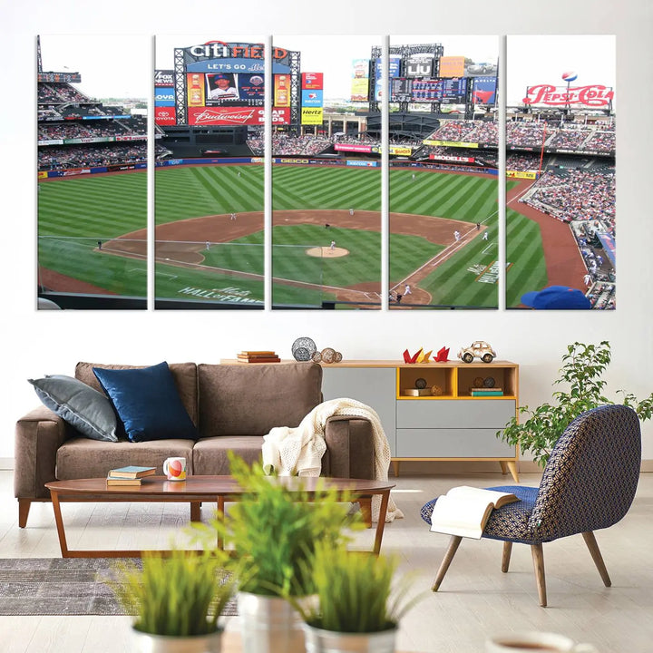 The living room features a panoramic New York Mets Baseball Team print of Citi Field on the wall, crafted as premium handmade canvas wall art from the USA.