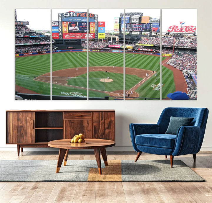 The living room features a panoramic New York Mets Baseball Team print of Citi Field on the wall, crafted as premium handmade canvas wall art from the USA.