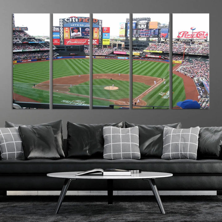 The living room features a panoramic New York Mets Baseball Team print of Citi Field on the wall, crafted as premium handmade canvas wall art from the USA.