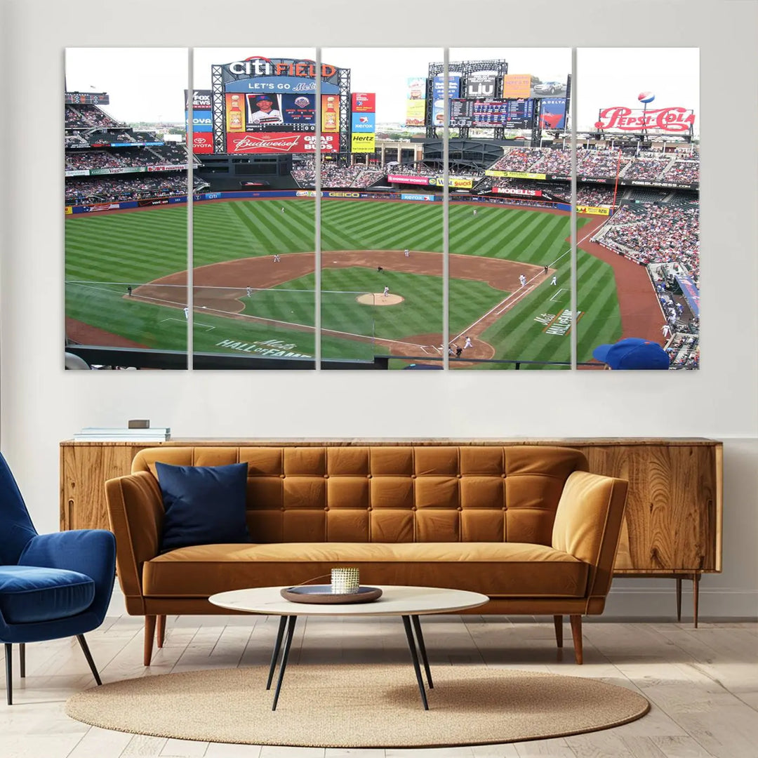 The living room features a panoramic New York Mets Baseball Team print of Citi Field on the wall, crafted as premium handmade canvas wall art from the USA.