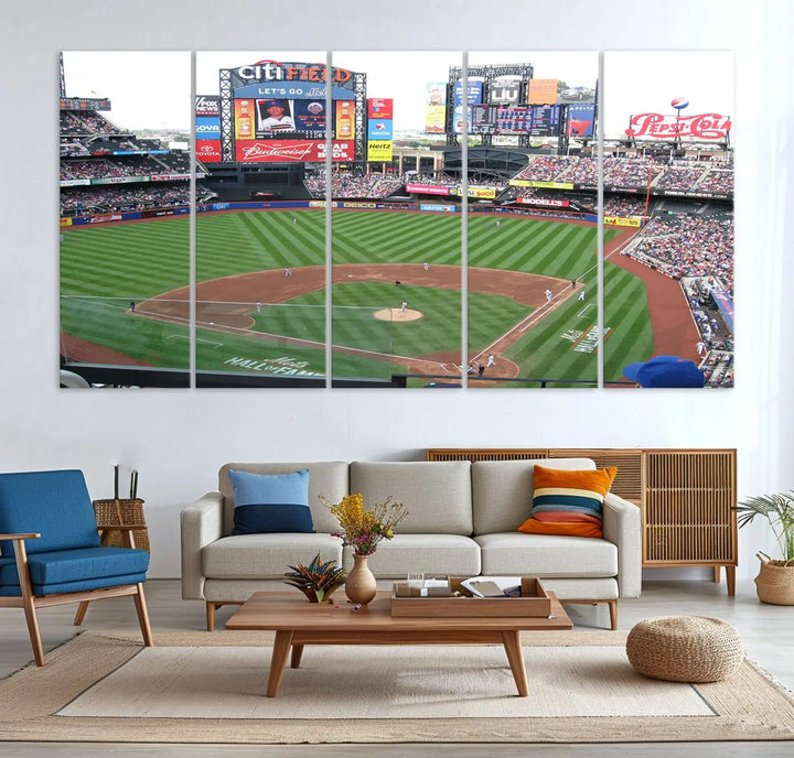 The living room features a panoramic New York Mets Baseball Team print of Citi Field on the wall, crafted as premium handmade canvas wall art from the USA.