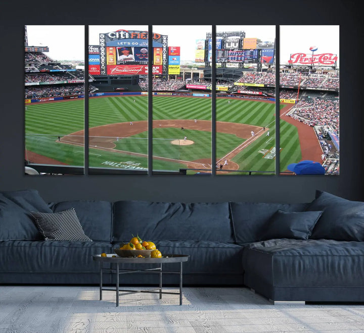 The living room features a panoramic New York Mets Baseball Team print of Citi Field on the wall, crafted as premium handmade canvas wall art from the USA.