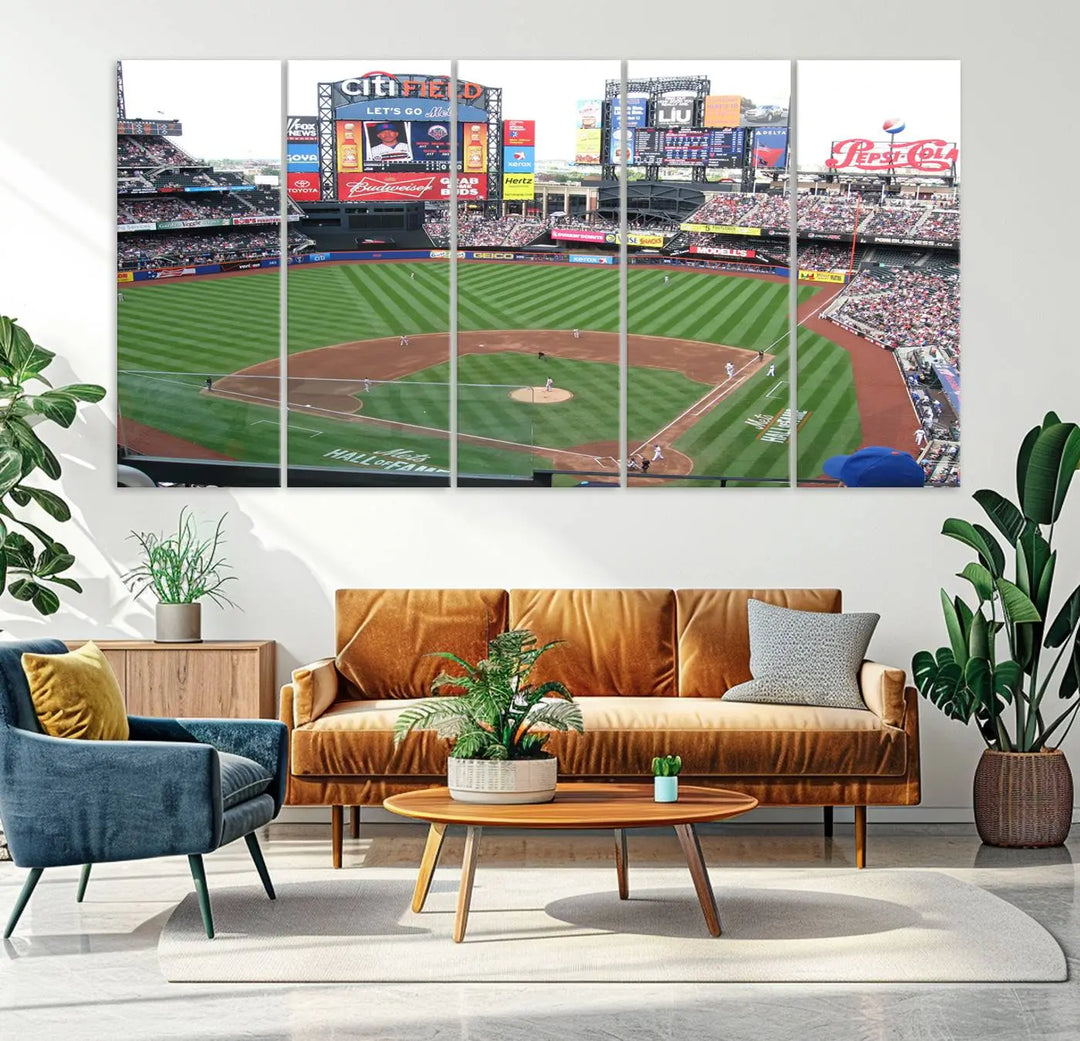 The living room features a panoramic New York Mets Baseball Team print of Citi Field on the wall, crafted as premium handmade canvas wall art from the USA.