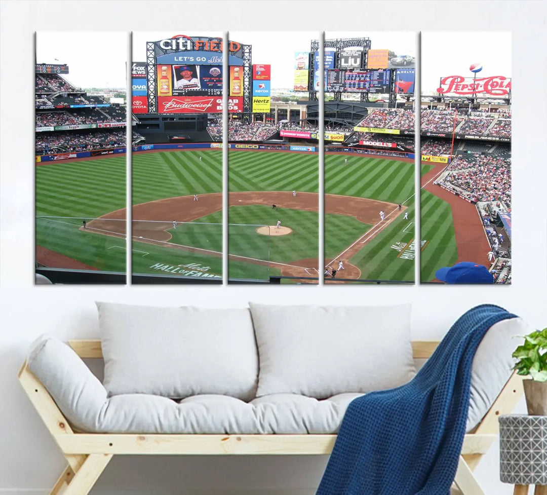 The living room features a panoramic New York Mets Baseball Team print of Citi Field on the wall, crafted as premium handmade canvas wall art from the USA.