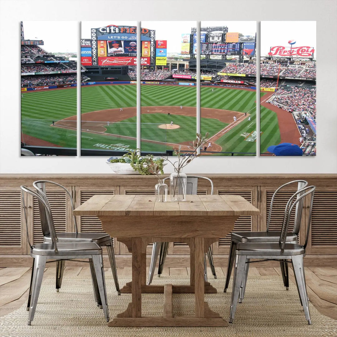 The living room features a panoramic New York Mets Baseball Team print of Citi Field on the wall, crafted as premium handmade canvas wall art from the USA.