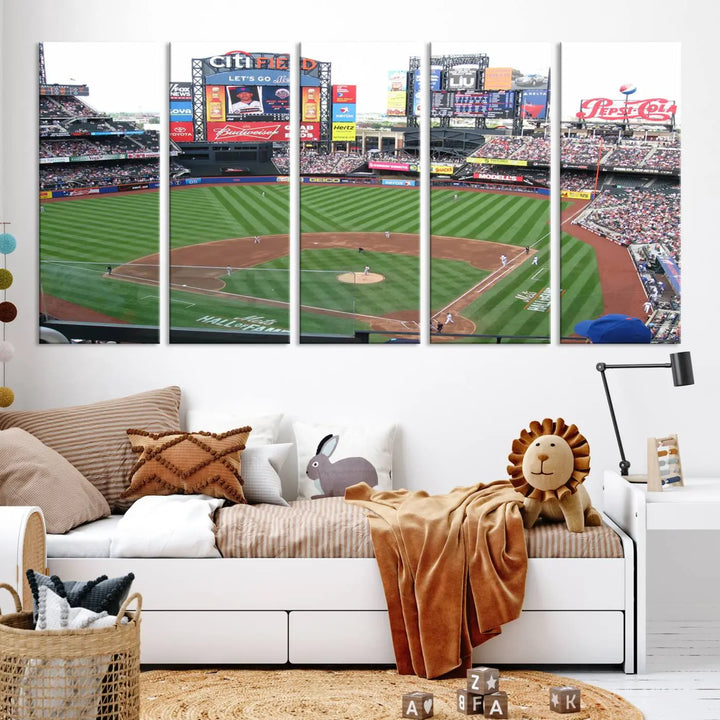 The living room features a panoramic New York Mets Baseball Team print of Citi Field on the wall, crafted as premium handmade canvas wall art from the USA.