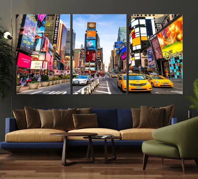 The New York Times Square Cityscape Wall Art is a striking 3-panel large urban canvas print featuring vibrant lights, billboards, taxis, and a bustling street scene of NYC street photography.