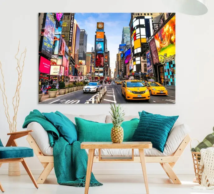 The New York Times Square Cityscape Wall Art is a striking 3-panel large urban canvas print featuring vibrant lights, billboards, taxis, and a bustling street scene of NYC street photography.