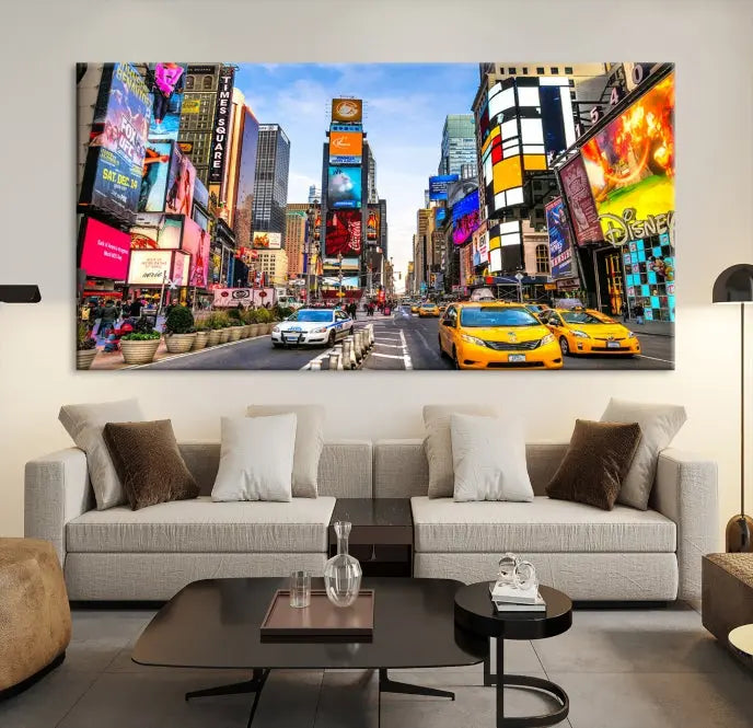 The New York Times Square Cityscape Wall Art is a striking 3-panel large urban canvas print featuring vibrant lights, billboards, taxis, and a bustling street scene of NYC street photography.