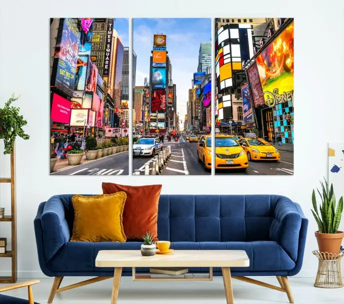 The New York Times Square Cityscape Wall Art is a striking 3-panel large urban canvas print featuring vibrant lights, billboards, taxis, and a bustling street scene of NYC street photography.