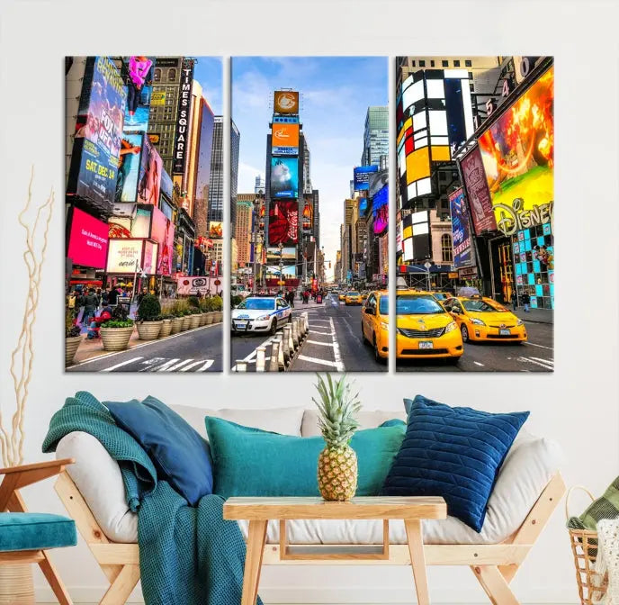 The New York Times Square Cityscape Wall Art is a striking 3-panel large urban canvas print featuring vibrant lights, billboards, taxis, and a bustling street scene of NYC street photography.