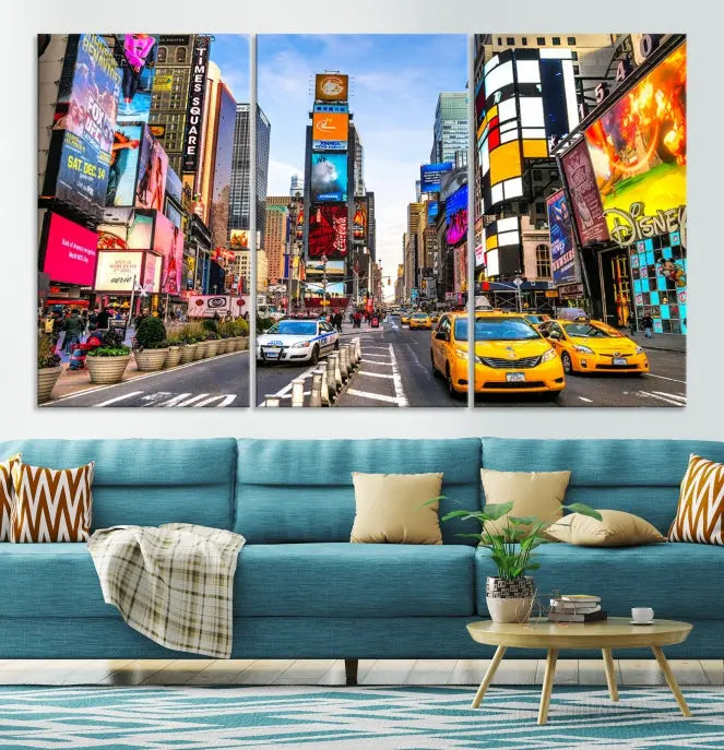 The New York Times Square Cityscape Wall Art is a striking 3-panel large urban canvas print featuring vibrant lights, billboards, taxis, and a bustling street scene of NYC street photography.