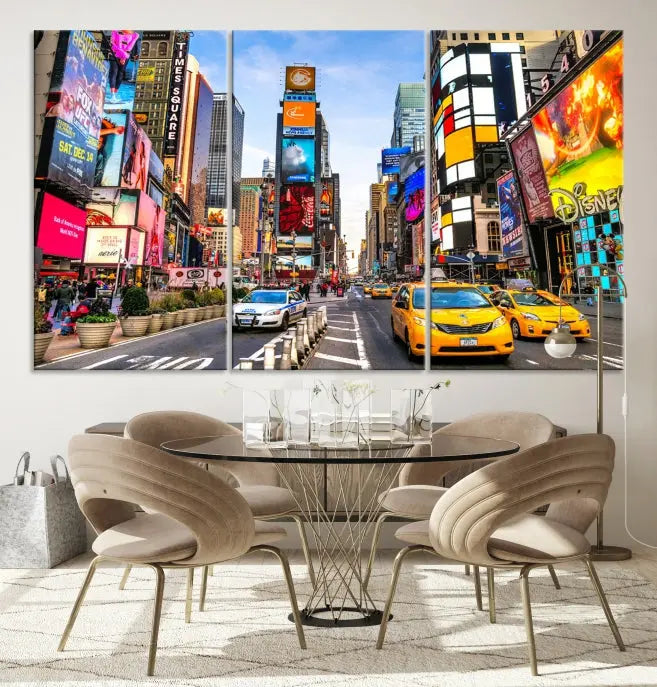 The New York Times Square Cityscape Wall Art is a striking 3-panel large urban canvas print featuring vibrant lights, billboards, taxis, and a bustling street scene of NYC street photography.