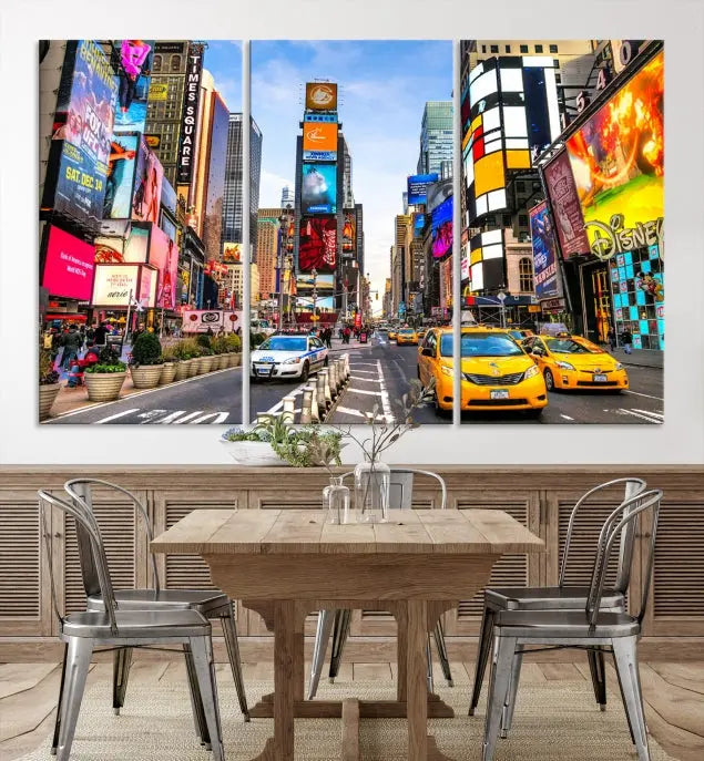 The New York Times Square Cityscape Wall Art is a striking 3-panel large urban canvas print featuring vibrant lights, billboards, taxis, and a bustling street scene of NYC street photography.