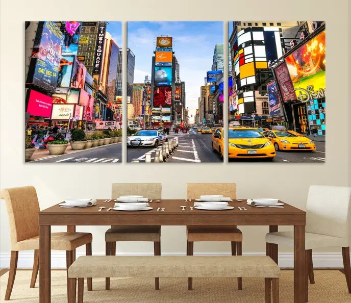 The New York Times Square Cityscape Wall Art is a striking 3-panel large urban canvas print featuring vibrant lights, billboards, taxis, and a bustling street scene of NYC street photography.