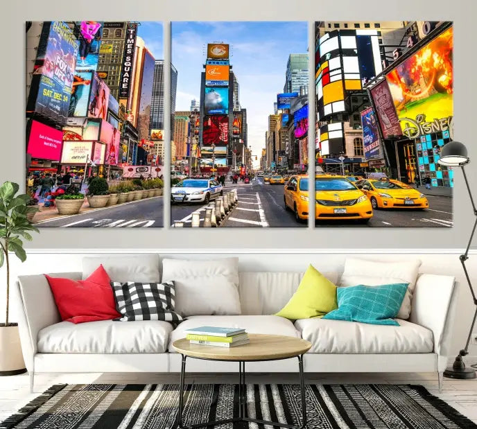 The New York Times Square Cityscape Wall Art is a striking 3-panel large urban canvas print featuring vibrant lights, billboards, taxis, and a bustling street scene of NYC street photography.