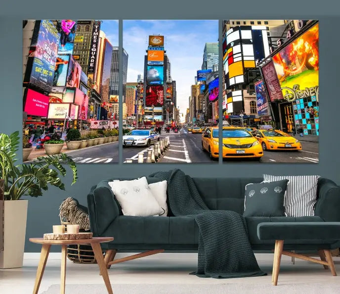 The New York Times Square Cityscape Wall Art is a striking 3-panel large urban canvas print featuring vibrant lights, billboards, taxis, and a bustling street scene of NYC street photography.