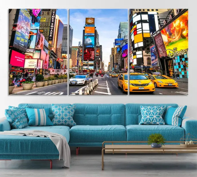 The New York Times Square Cityscape Wall Art is a striking 3-panel large urban canvas print featuring vibrant lights, billboards, taxis, and a bustling street scene of NYC street photography.