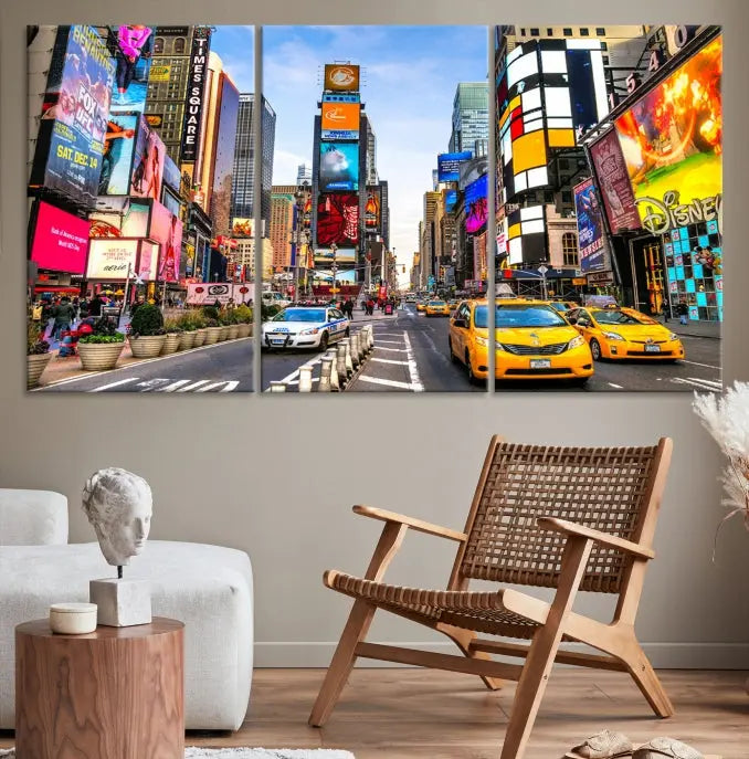 The New York Times Square Cityscape Wall Art is a striking 3-panel large urban canvas print featuring vibrant lights, billboards, taxis, and a bustling street scene of NYC street photography.