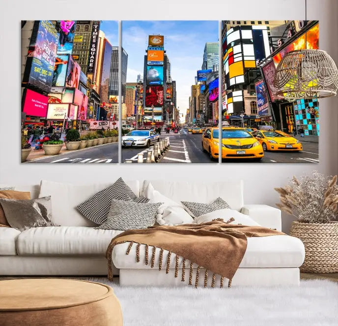 The New York Times Square Cityscape Wall Art is a striking 3-panel large urban canvas print featuring vibrant lights, billboards, taxis, and a bustling street scene of NYC street photography.