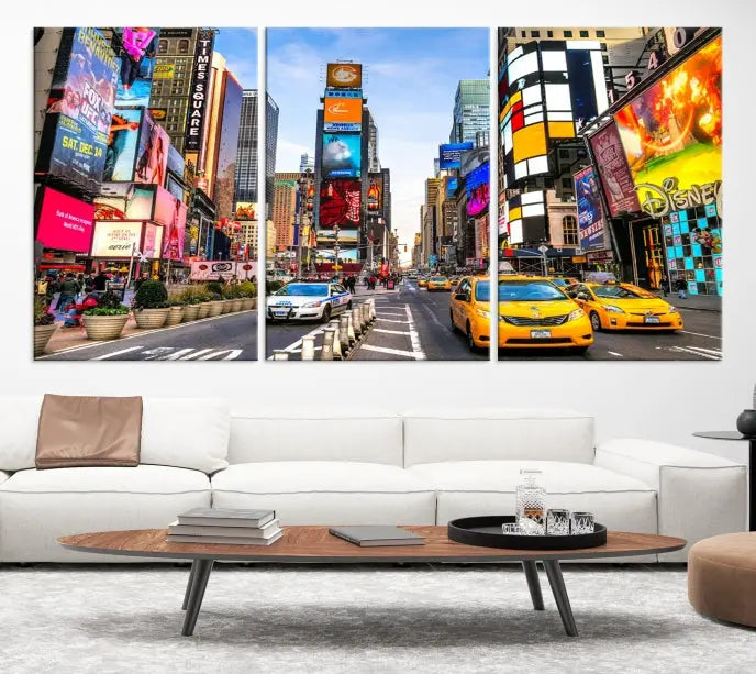 The New York Times Square Cityscape Wall Art is a striking 3-panel large urban canvas print featuring vibrant lights, billboards, taxis, and a bustling street scene of NYC street photography.