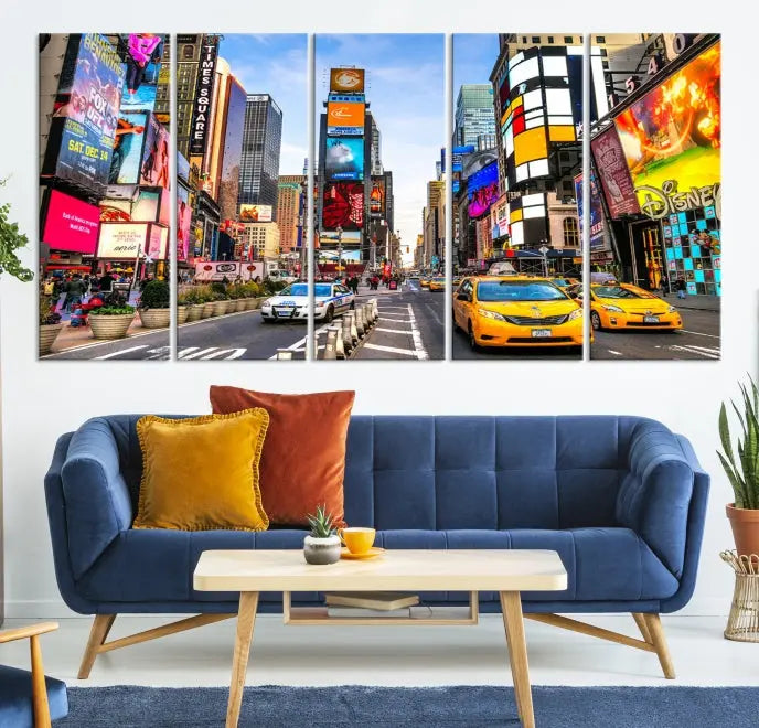 The New York Times Square Cityscape Wall Art is a striking 3-panel large urban canvas print featuring vibrant lights, billboards, taxis, and a bustling street scene of NYC street photography.