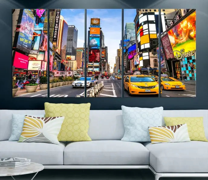 The New York Times Square Cityscape Wall Art is a striking 3-panel large urban canvas print featuring vibrant lights, billboards, taxis, and a bustling street scene of NYC street photography.