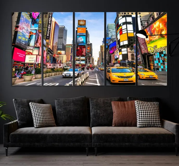 The New York Times Square Cityscape Wall Art is a striking 3-panel large urban canvas print featuring vibrant lights, billboards, taxis, and a bustling street scene of NYC street photography.