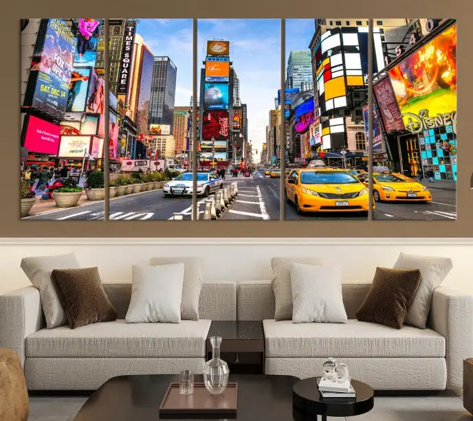 The New York Times Square Cityscape Wall Art is a striking 3-panel large urban canvas print featuring vibrant lights, billboards, taxis, and a bustling street scene of NYC street photography.