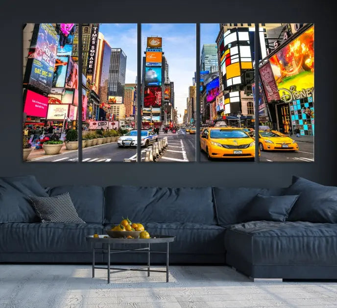 The New York Times Square Cityscape Wall Art is a striking 3-panel large urban canvas print featuring vibrant lights, billboards, taxis, and a bustling street scene of NYC street photography.