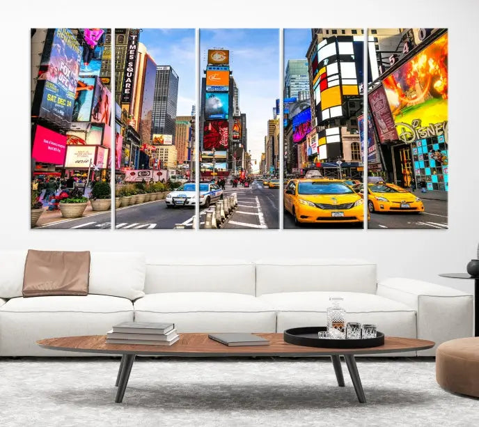 The New York Times Square Cityscape Wall Art is a striking 3-panel large urban canvas print featuring vibrant lights, billboards, taxis, and a bustling street scene of NYC street photography.