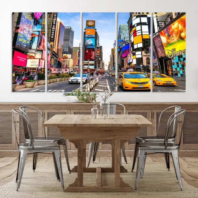 The New York Times Square Cityscape Wall Art is a striking 3-panel large urban canvas print featuring vibrant lights, billboards, taxis, and a bustling street scene of NYC street photography.