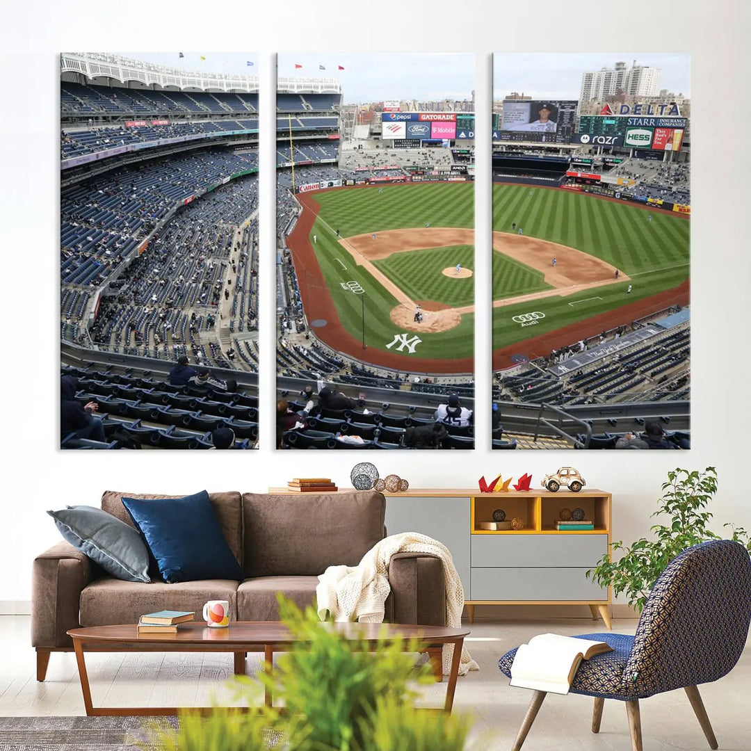 The New York Yankees Baseball Team Print, a Yankee Stadium Wall Art Canvas Print, elegantly adorns the space above with its premium canvas and gallery-quality finish.