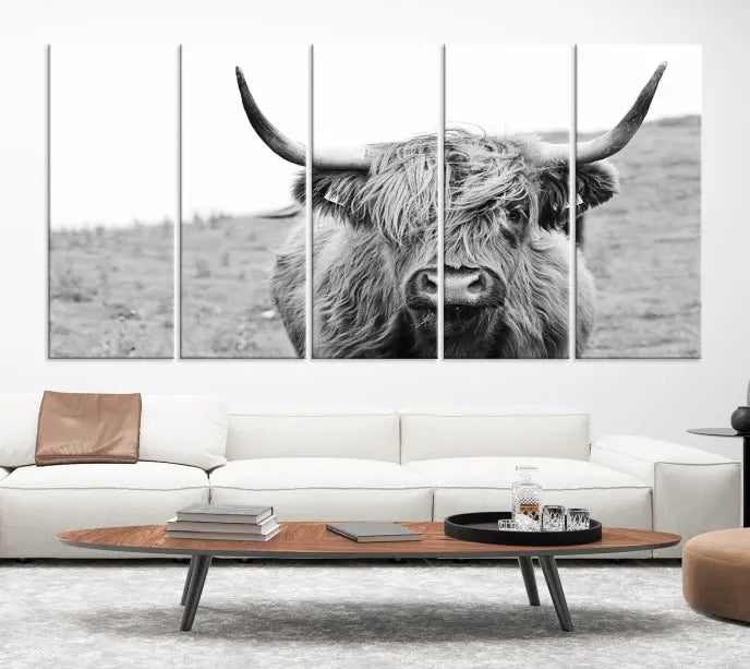 Newfoundland Cow Art Wall Art Canvas Print features a museum-quality, black-and-white triptych of a Highland cow with large horns, ideal for hanging on a dark wall.