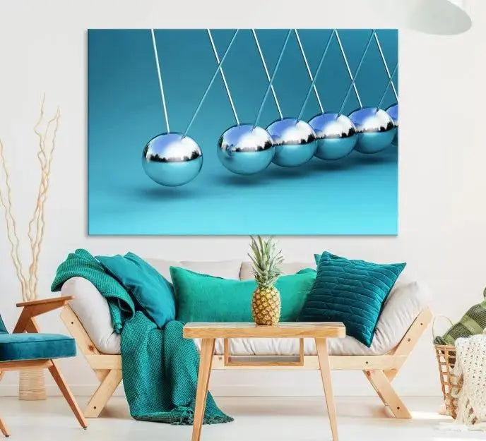 A museum-quality Newton Wall Art Canvas Print adorns the blue wall. This ready-to-hang triptych adds an artistic flair to the room.