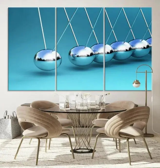 A museum-quality Newton Wall Art Canvas Print adorns the blue wall. This ready-to-hang triptych adds an artistic flair to the room.