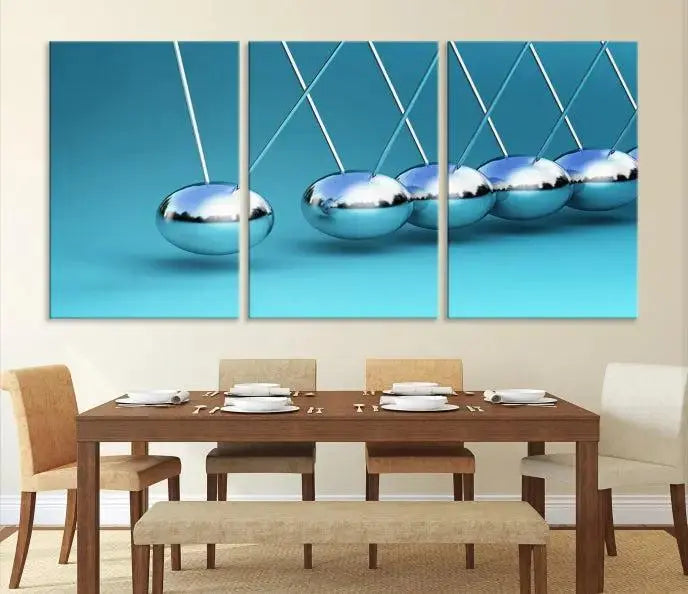 A museum-quality Newton Wall Art Canvas Print adorns the blue wall. This ready-to-hang triptych adds an artistic flair to the room.