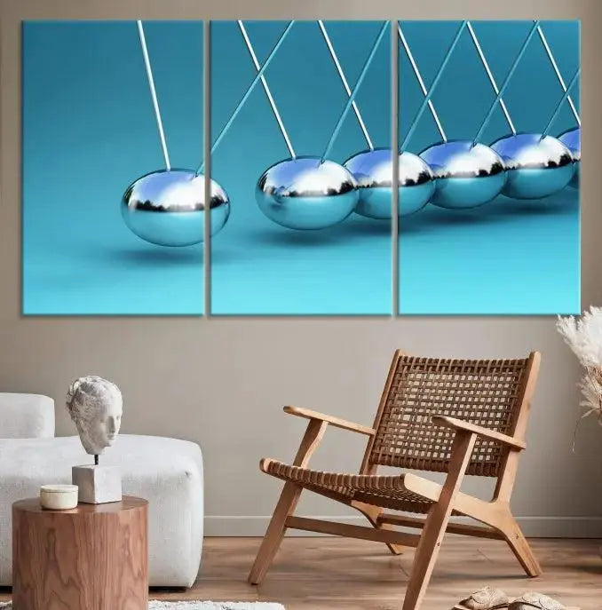 A museum-quality Newton Wall Art Canvas Print adorns the blue wall. This ready-to-hang triptych adds an artistic flair to the room.