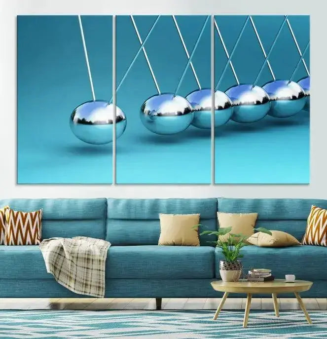 A museum-quality Newton Wall Art Canvas Print adorns the blue wall. This ready-to-hang triptych adds an artistic flair to the room.