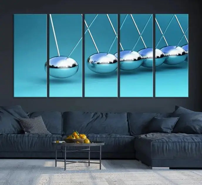 A museum-quality Newton Wall Art Canvas Print adorns the blue wall. This ready-to-hang triptych adds an artistic flair to the room.