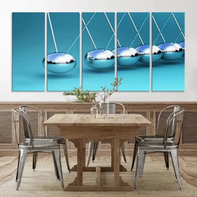 A museum-quality Newton Wall Art Canvas Print adorns the blue wall. This ready-to-hang triptych adds an artistic flair to the room.