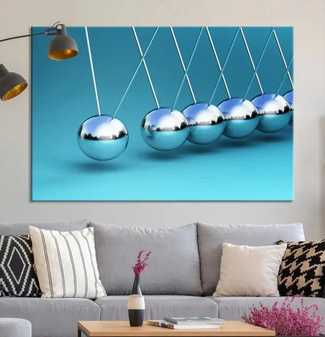 A museum-quality Newton Wall Art Canvas Print adorns the blue wall. This ready-to-hang triptych adds an artistic flair to the room.