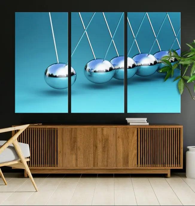 A museum-quality Newton Wall Art Canvas Print adorns the blue wall. This ready-to-hang triptych adds an artistic flair to the room.