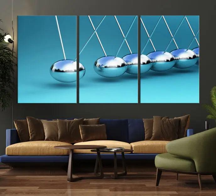 A museum-quality Newton Wall Art Canvas Print adorns the blue wall. This ready-to-hang triptych adds an artistic flair to the room.