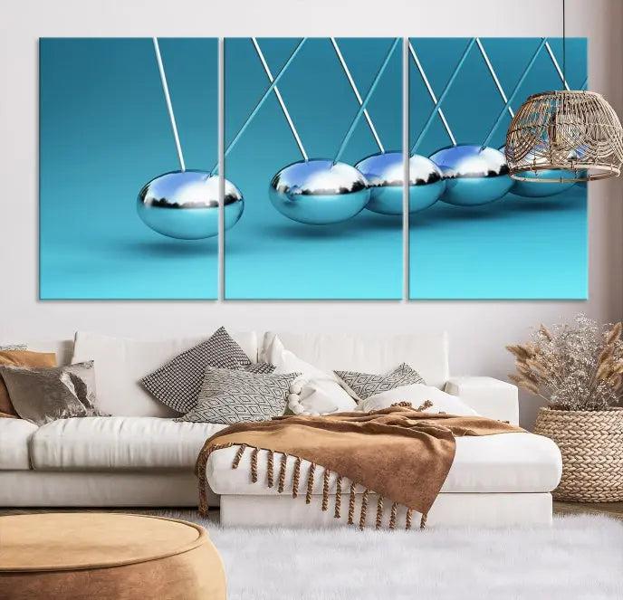 A museum-quality Newton Wall Art Canvas Print adorns the blue wall. This ready-to-hang triptych adds an artistic flair to the room.