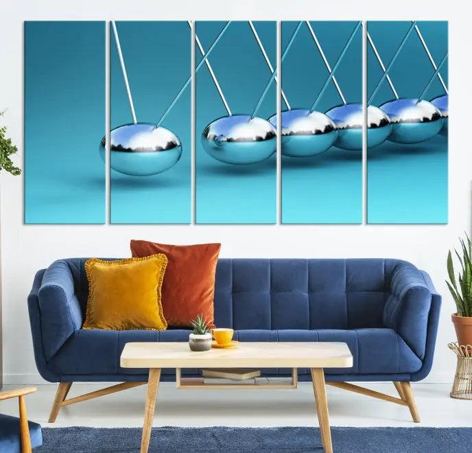 A museum-quality Newton Wall Art Canvas Print adorns the blue wall. This ready-to-hang triptych adds an artistic flair to the room.