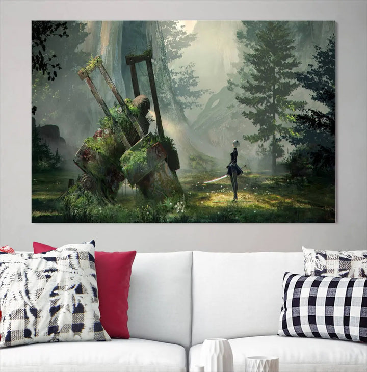 A living room showcases a framed multi-panel canvas print wall art titled "NieR Automata Video Game Wall Art Canvas Print." This museum-quality piece is ready to hang and depicts a misty forest with an old machine.