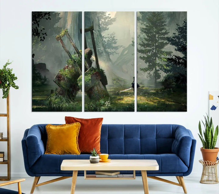 A living room showcases a framed multi-panel canvas print wall art titled "NieR Automata Video Game Wall Art Canvas Print." This museum-quality piece is ready to hang and depicts a misty forest with an old machine.