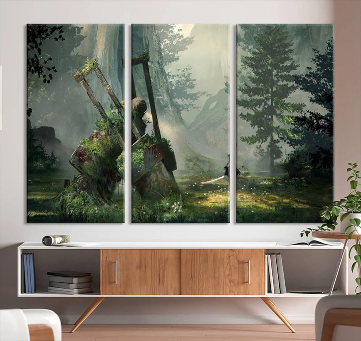 A living room showcases a framed multi-panel canvas print wall art titled "NieR Automata Video Game Wall Art Canvas Print." This museum-quality piece is ready to hang and depicts a misty forest with an old machine.