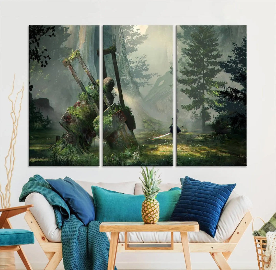 A living room showcases a framed multi-panel canvas print wall art titled "NieR Automata Video Game Wall Art Canvas Print." This museum-quality piece is ready to hang and depicts a misty forest with an old machine.